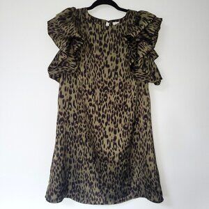 THML 'Loretta' Olive Leopard Print Puff Flutter Sleeve Mini Dress